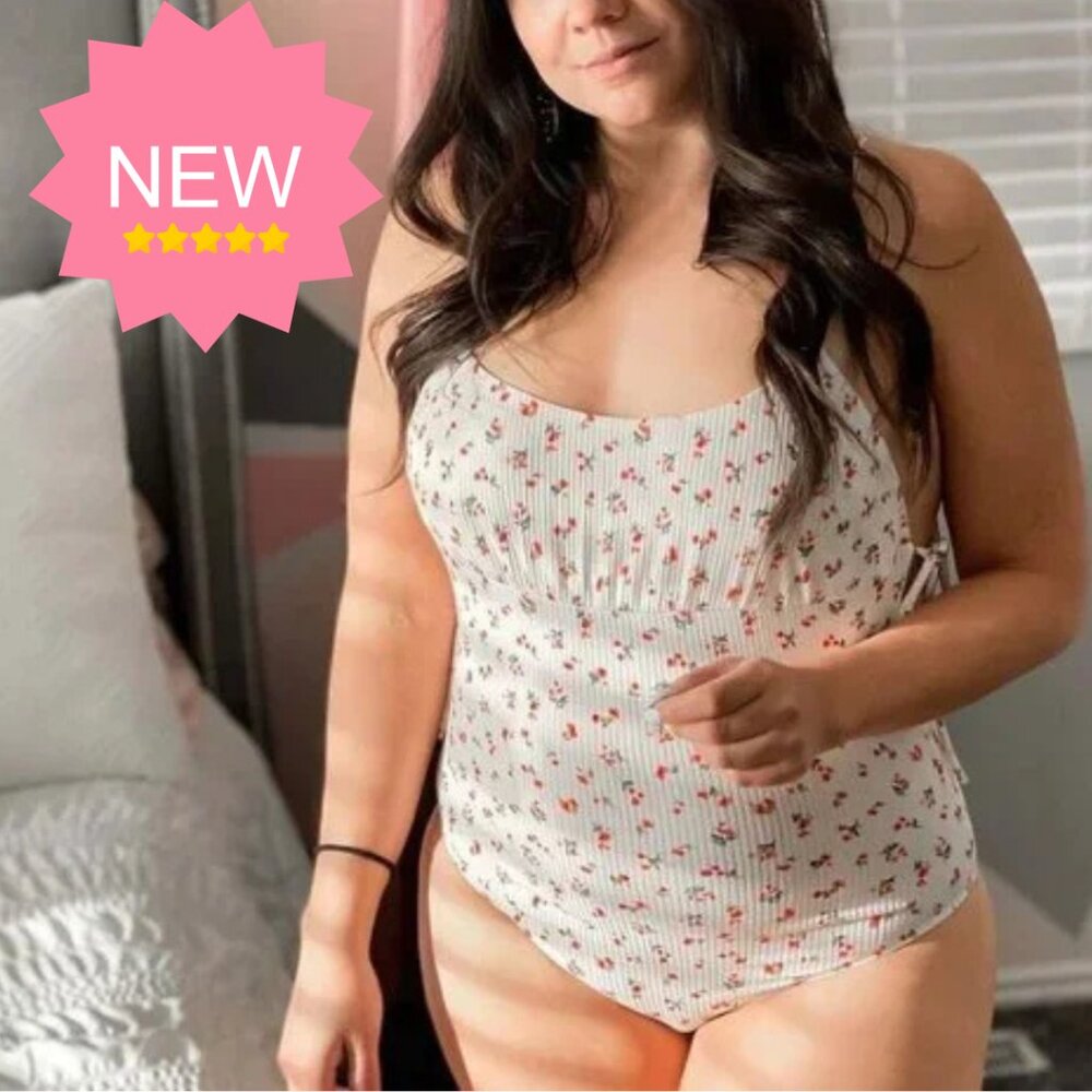 White Floral Ribbed Thong Stretchy Bodysuit